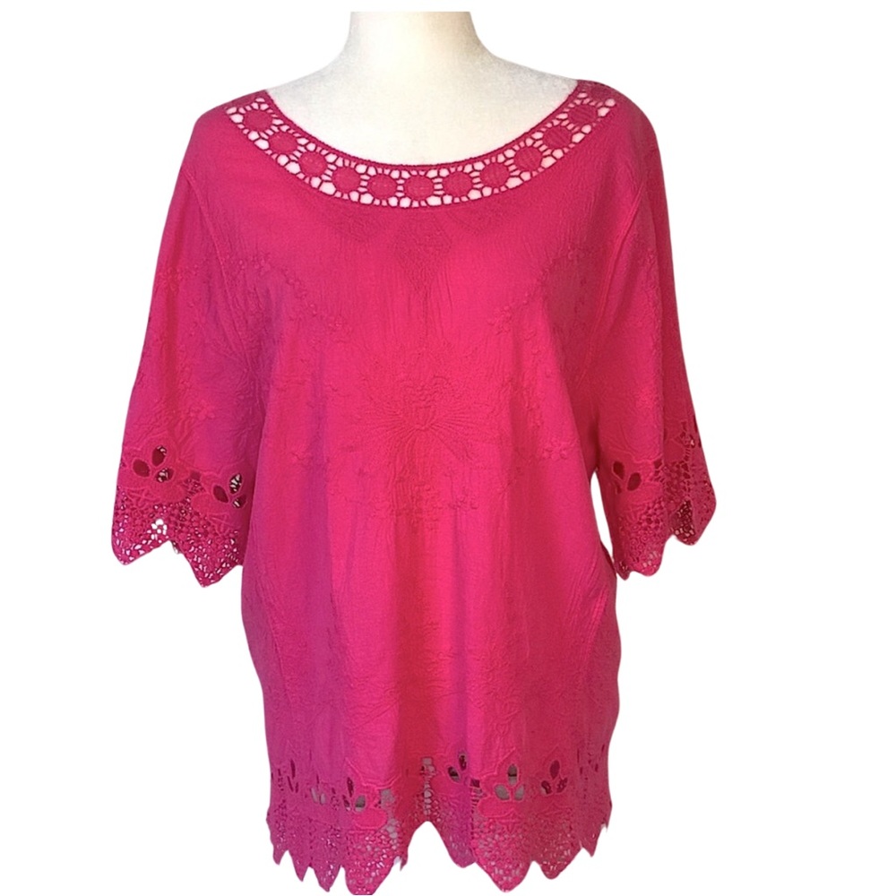 BOUTIQUE ITEM-CURVY COTTON TOP WITH LACE IN HOT PINK, EMBROIDERY, COTTON